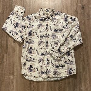 Red Head Hunting Print Long Sleeve Button Up Shirt Bow and Arrow Elk Deer Moose